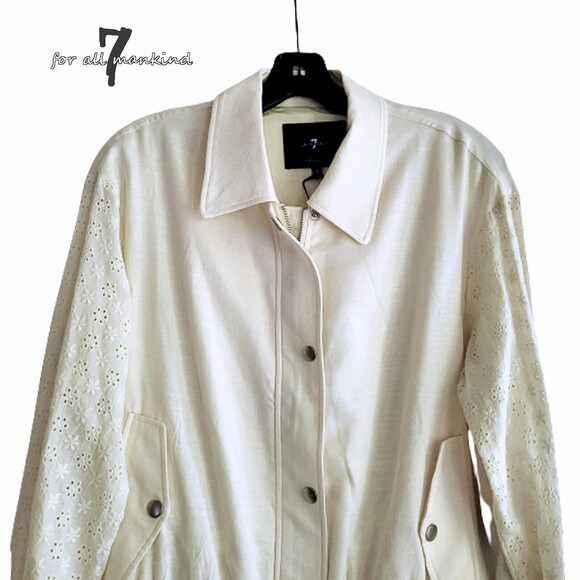 7 for ALL MANKIND NEW Romantic Eyelet Sleeves Zip Flap Pocket Bomber Jacket S - Picture 2 of 12